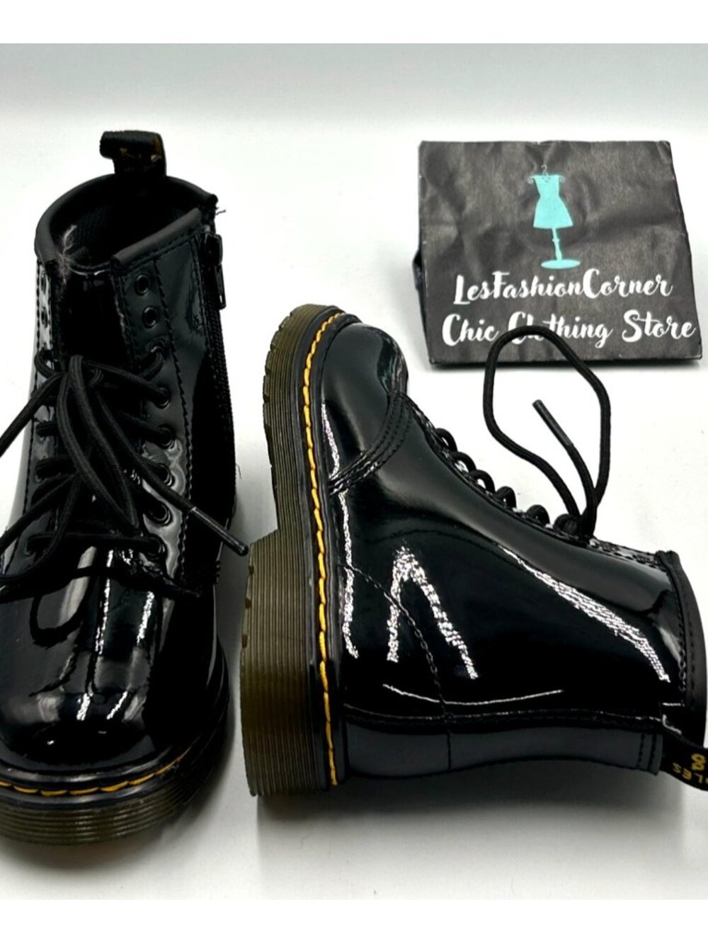 NWOB Dr. Martens Kids Black Patent Leather 1460 T Lace-Up Combat Boots Sz 9 3276 - Picture 7 of 16